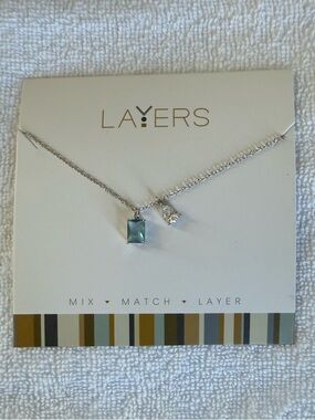 Layers Silver Necklace with Aquamarine and Clear Charm